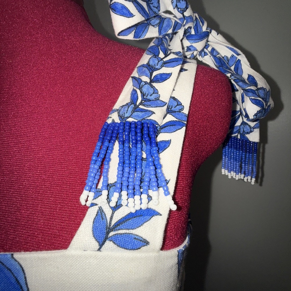 Calypso St Barth Blue White M Beaded Tie Straps Spring Wedding Guest Midi Dress - Picture 5 of 15